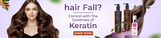 Advertisement for hair care products with a woman's hair and Keratin-related text on a purple background.